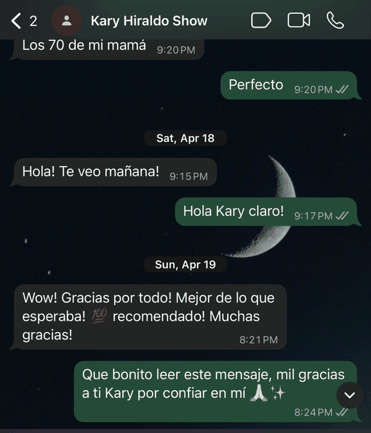 Captura de WhatsApp: Kary Hiraldo agradece a Evin la música en los 70 de su mamá