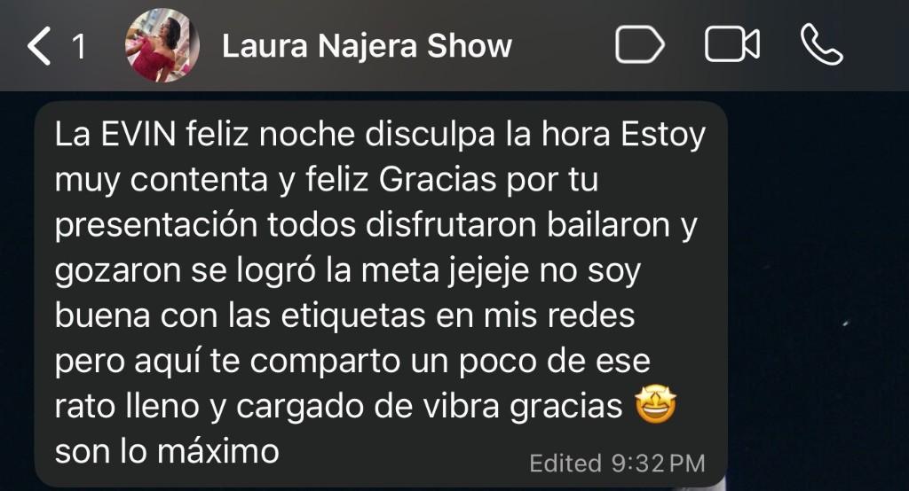 Captura de WhatsApp: Laura Najera agradece a Evin la presentación en su boda