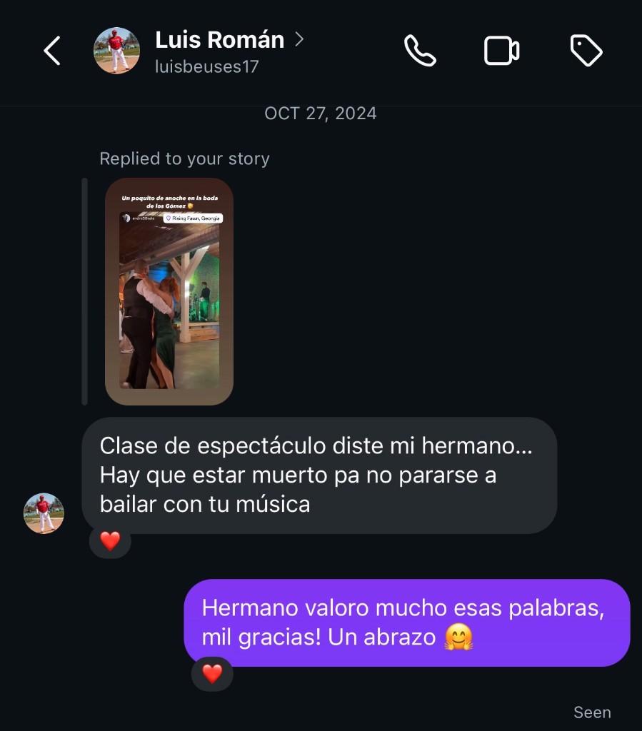 Captura de Instagram: Luis Román elogia el show de Evin en una boda